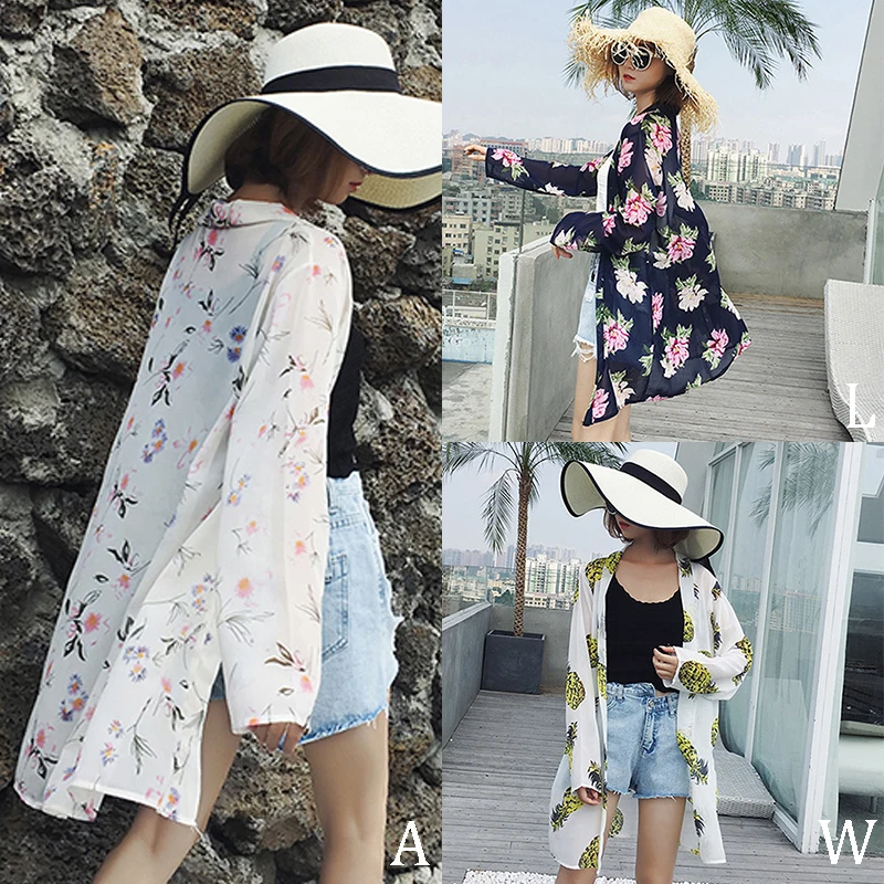 

Women Floral Print Chiffon Shirt Sun Protection Kimono Thin Beach Vacation Style Loose Casual Cardigan