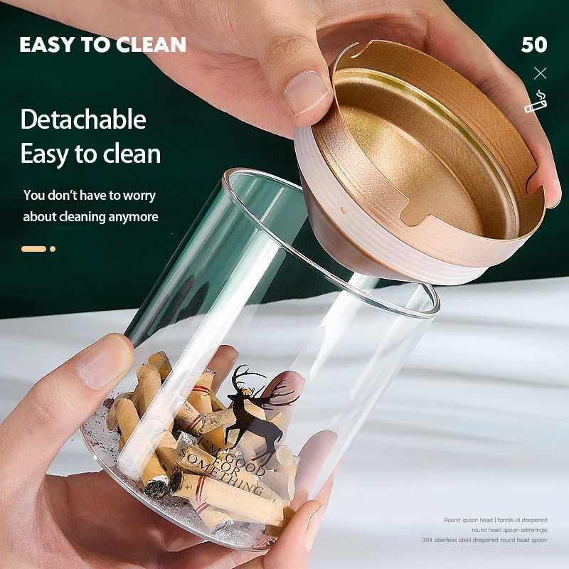 

Personalized Windproof Ashtray Stainless Steel Glass Cigar Ashtray Anti-fly Ash Smoke Cup Holder with Cover Bedroom Accessories