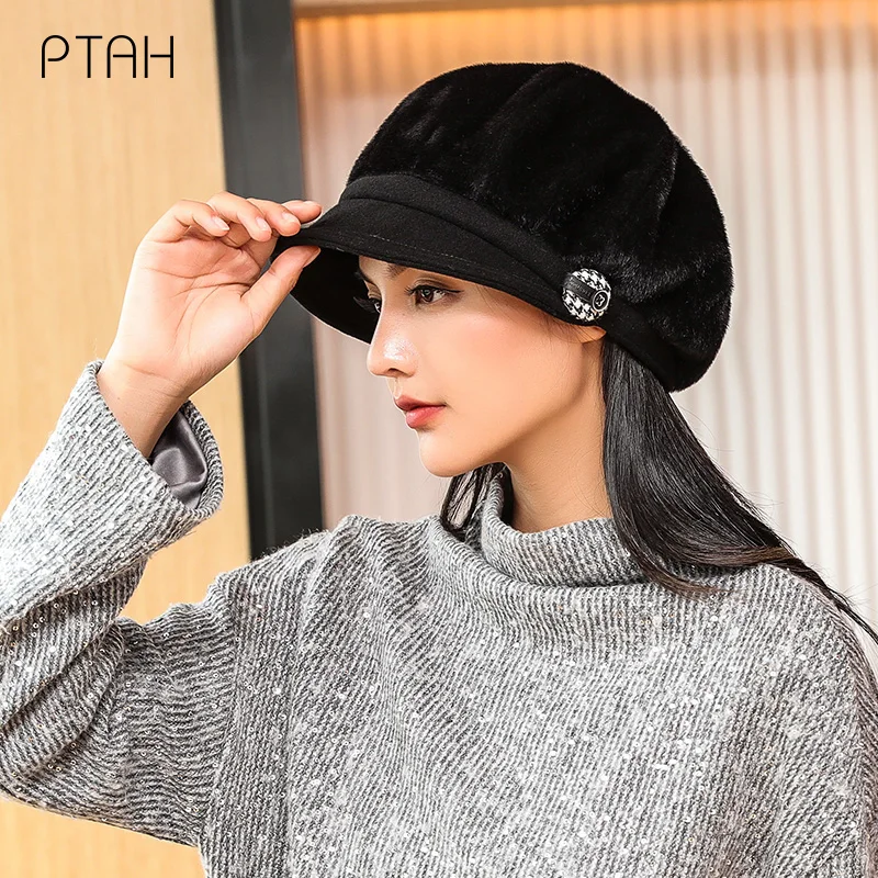

[PTAH] Autumn Winter Warm Octagonal Cap For Women Winter New Beret Ladies Newsboy Cap Ladies Casual Hat Girls Painter Cap Female