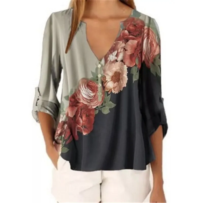

2020 Autumn and Winter New Women's Clothing Blouse V-Neck Floral Vintage Print Shirt Women Blouse Chiffon Shirt