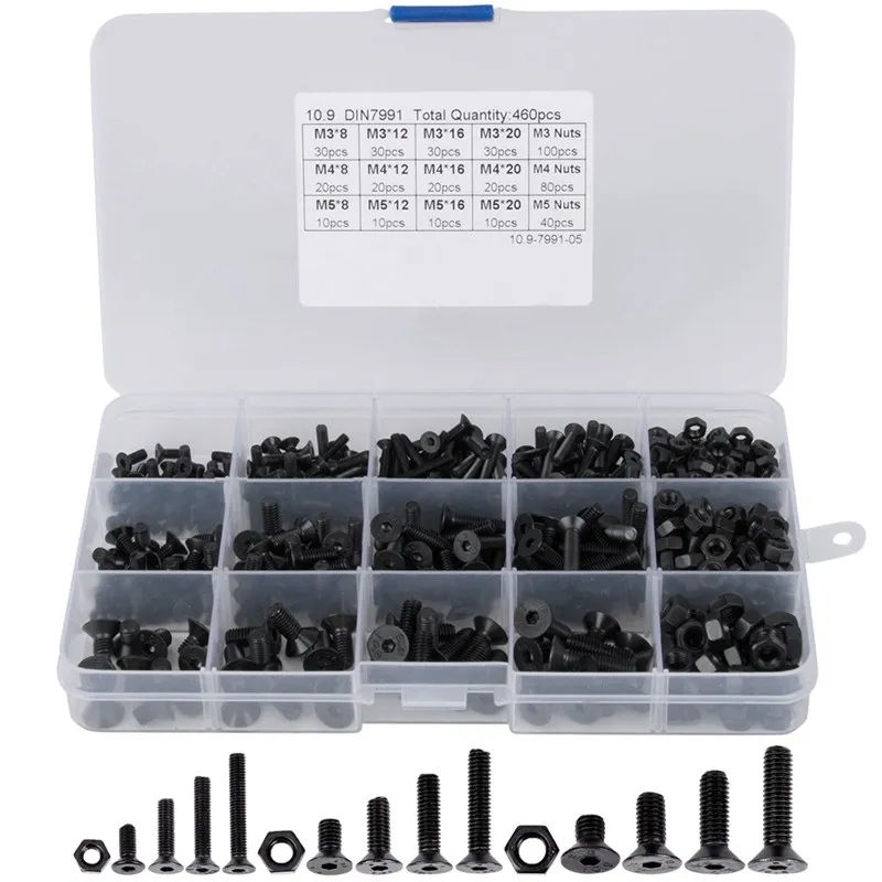 

Quality 460Pcs M3 M4 M5 Alloy Steel Countersunk Flat Head Hex Socket Cap Screws Nuts Set Assortment Kit Precise Metric Bolts Nut