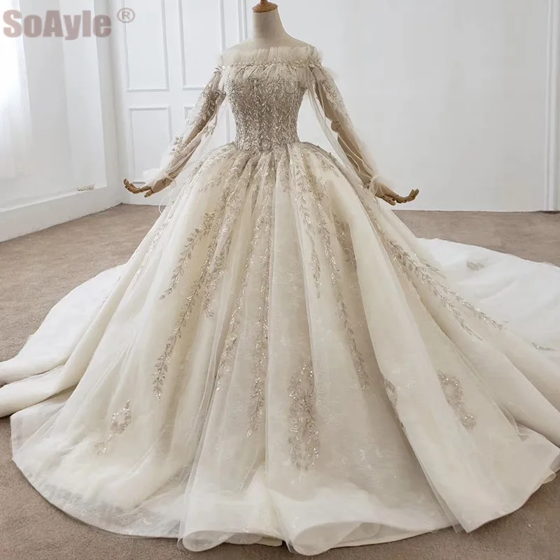 

Женское свадебное платье с блестками SoAyle, с открытыми плечами и длинным рукавом, блестящее платье принцессы, роскошный наряд для свадьбы, 2020