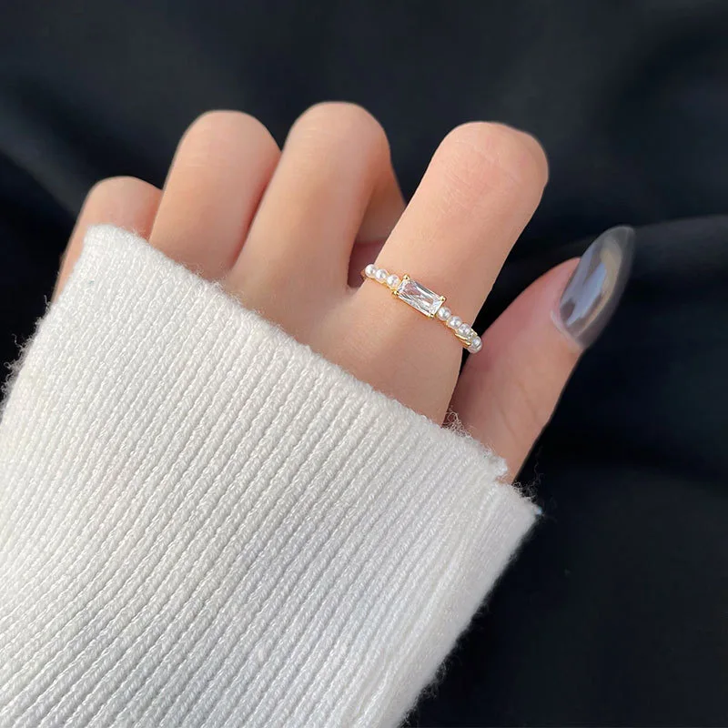 

Genuine 925 Sterling Silver Square Zircon Small Pearls Open Rings for Women