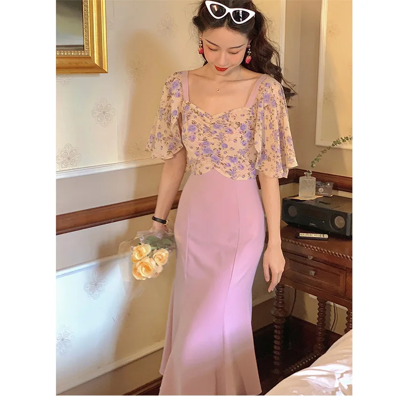 

Retro Ruffled Sleeves Square Neck Dress Women's Summer Floral Stitching Fishtail Skirt Fashion Temperament Sweet Style Skirt