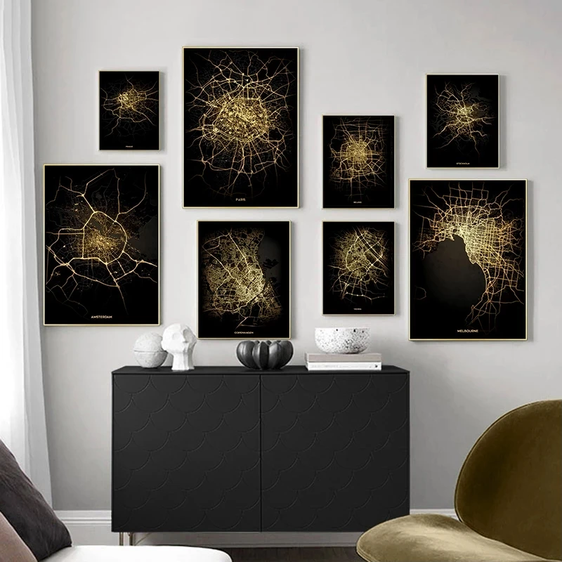 

Creative Canvas Painting Gold Black World City Map Wall Art Nordic Poster and Prints for Living Room Corridor Decoration Picture