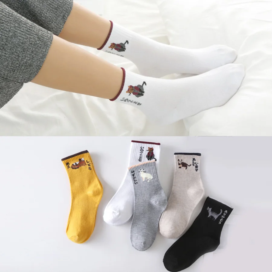 Cute cat 5 pack 5 пар/компл. с забавными рисунками хлопковые носки для Для женщин с изображением милой кошки фруктов, буквы, луна, погода с рисунком женские Повседневное короткие носки - Цвет: Cute cat 5 pack