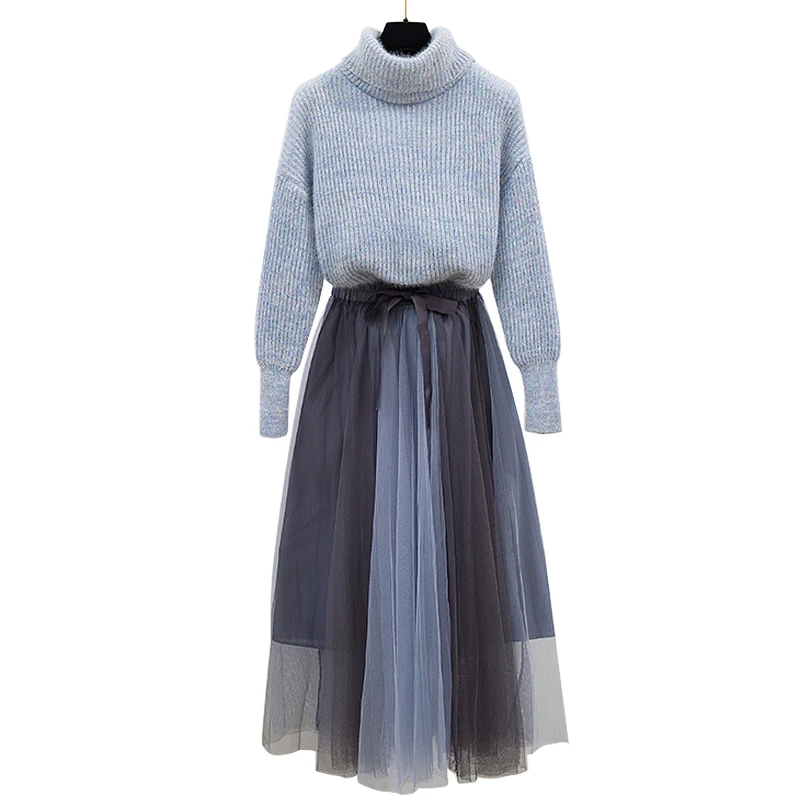 

Long Sleeve Turtleneck Pullovers Sweater Bowknot Skirt Suit Women Color Matching Net Veil A Word Skirt Women Outfit Knitwear