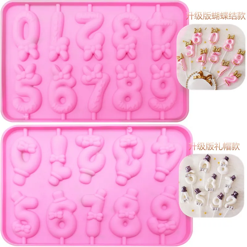 

0-9 Digital Lollipop Silicone Mold Bow Hat Chocolate Cheese Stick Mold DIY Handmade Candle Mold