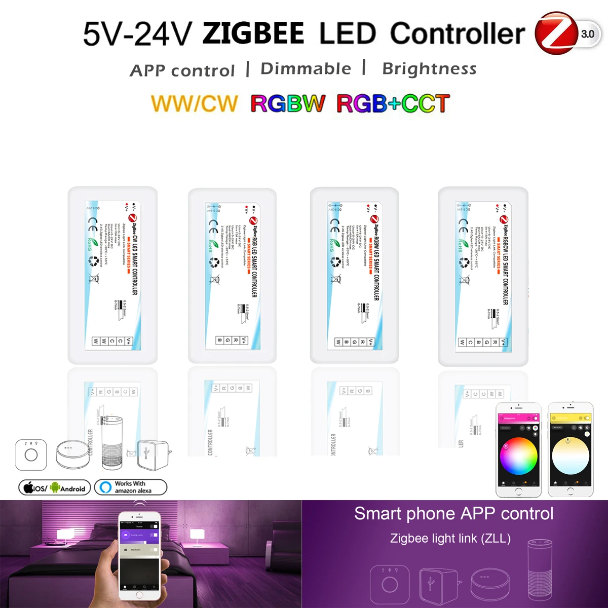 Умная Светодиодная лента Zigbee с голосовым управлением 5 в постоянного тока 12 В 24 RGB