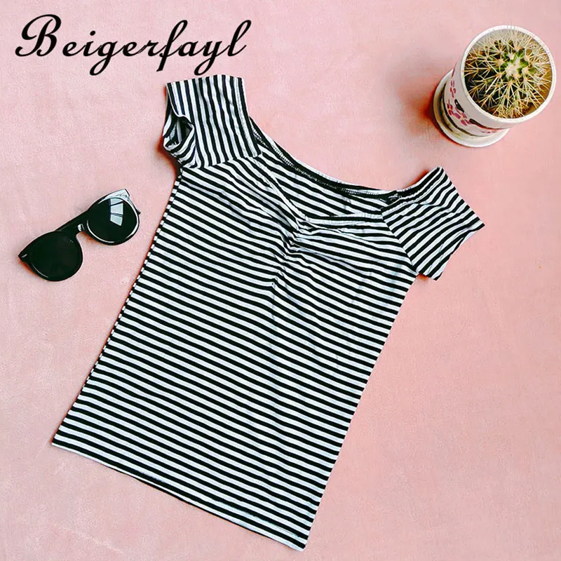 Beigerfayl футболка Camisetas Mujer Manga Corta полосатый дропшиппинг с открытыми плечами Топ для