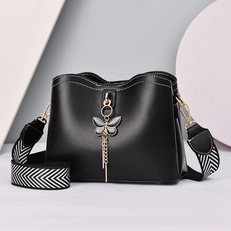 

Women's Bucket Shoulder Bag 2021 New High Quality Pu Leather Wide Strap Women Handbag Luxury Messenger Bags Borsa Donna