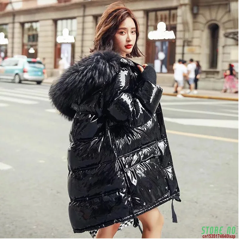 

Real Natural Fur Patent Leather Winter Jacket Women Thicken Long Down Parka Hooded Female Duck Down Waterproof Coat