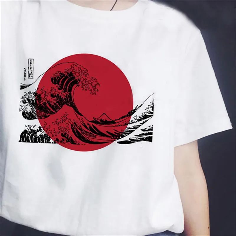 Японская Повседневная футболка Great Wave and Sun, женские футболки с принтом, летняя уличная одежда Harajuku, белые топы, Femme, футболки