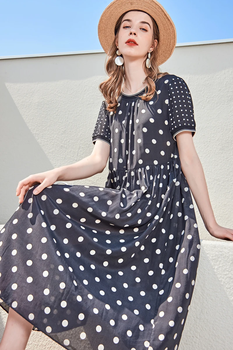 

100% Silk Women's Runway Dresses O Neck Short Sleeves Polka Dots Printed Ruched Fashion High Street Summer Dresses