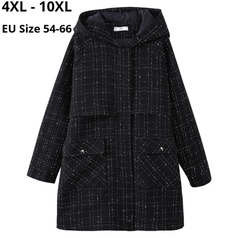 Plus Size 10XL 9XL 8XL 7XL 4XL Women Long Sleeves Winter Jackets Coats Femme Plaid Casual Coats Aline Hooded Long Coat For Mujer