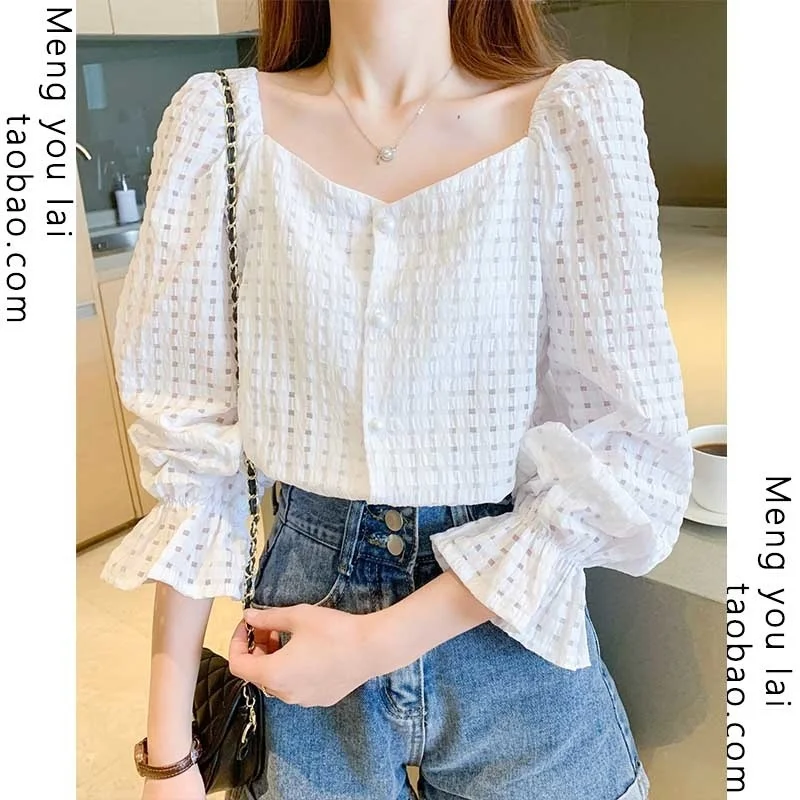 

Autumn Square Collar Long Sleeve Top Clothes Style Puff Sleeve White Shirt Women's Design Sense Chic Chiffon Kio