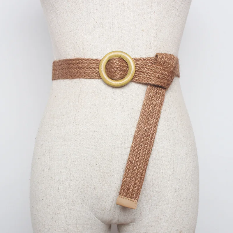 Ремень женский с круглой деревянной пряжкой, роскошный брендовый Длинный эластичный чёрный соломенный пояс для платьев, BZ08