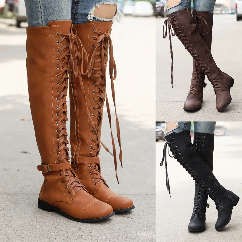 Демисезонные сапоги до колена на шнуровке женская модная кожаная обувь