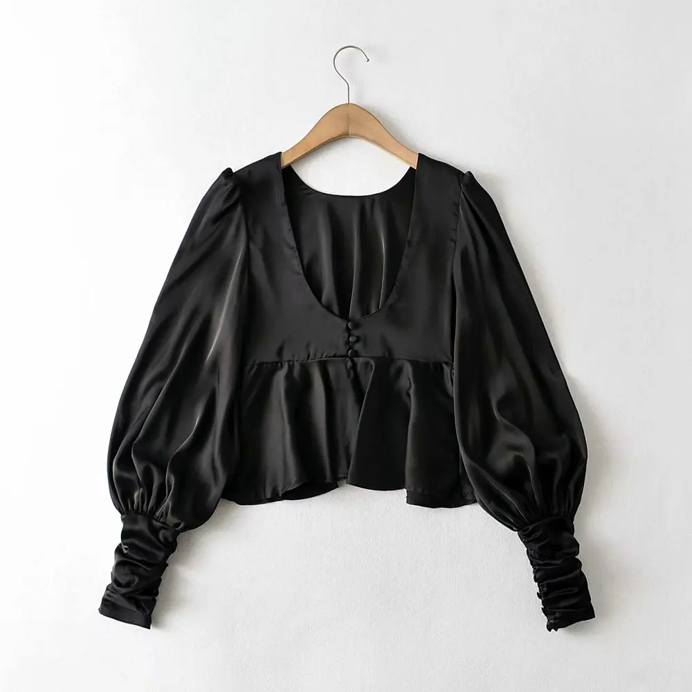 

French retro big open back lantern sleeve satin shirt elegant pure color silk satin ruffled lace up slim blouse