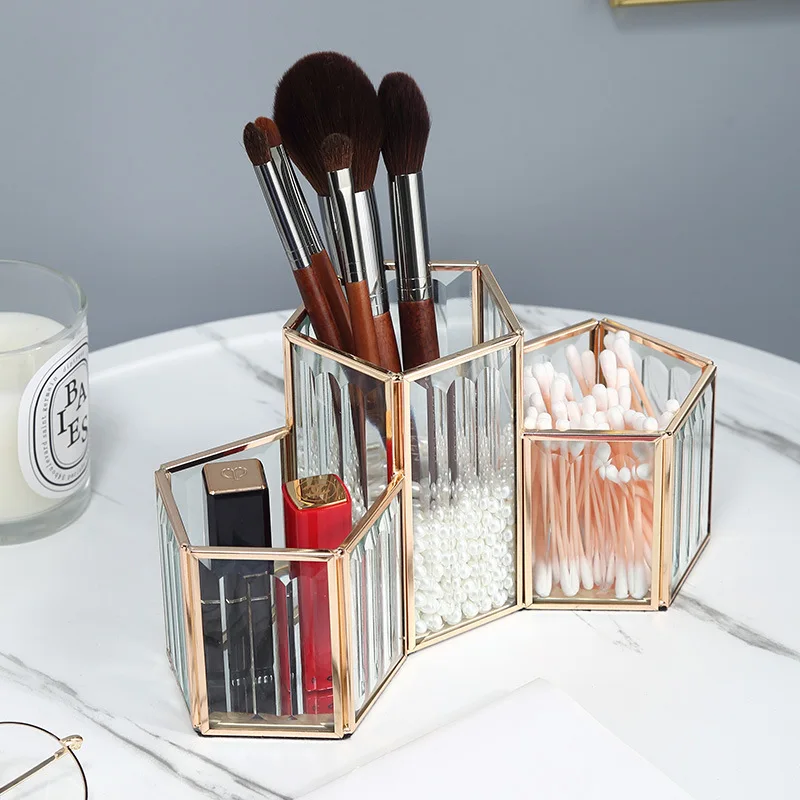 

Geometric Glass Holder, Makeup Brush Storage Box, Portable Desktop Cosmetic Tool Rack