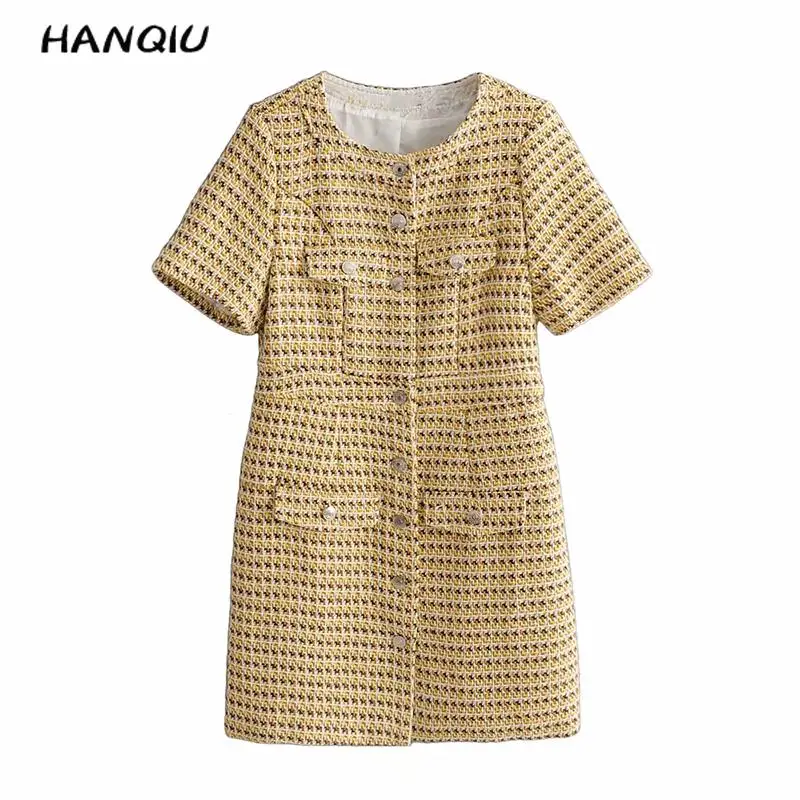 Женское твидовое платье с карманами повседневное клетчатое круглым вырезом и