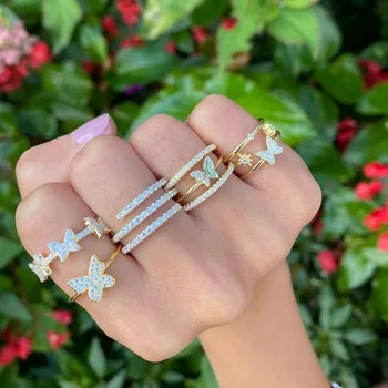 High Quality Gold Color Delicate 3pc Butterfly Band Rings With Bling Clear CZ Paved For Women Minimal Wedding Jewelry Wholesale