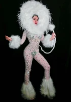 See Through Nightclub Birthday Party Dress White Feather Headgear Sexy Mesh Sparkly Rhinestones Faux Fur Jumpsuit Stage Costume
