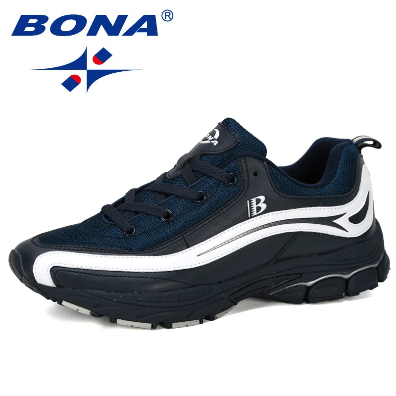 Deep blue white BONA/ г. Новые дизайнерские трендовые кроссовки для бега мужская спортивная обувь высокого качества на шнуровке удобная обувь для бега zapatillas hombre - Цвет: Deep blue white