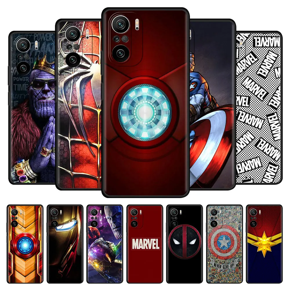 

Soft Case For Xiaomi Redmi Note 9S 9 8 9T 9C 7 8T 10 10s 9A K40 6 Black TPU Phone Coque Capa Marvel Ironman Heroes Logo