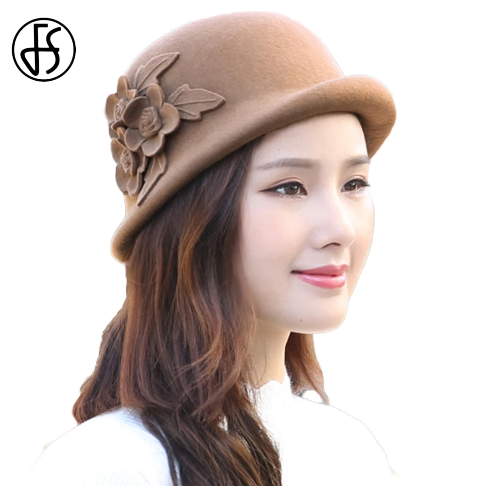 

FS 100% Wool Felt Dome Curling Cloche Basin Hat Wide Brim Bowler Winter Warm Fedoras Ladies Floppy Derby Hats Cap With Flowers