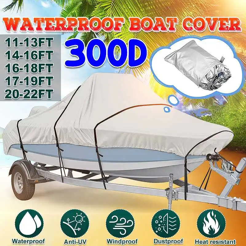 

300D Heavy Duty Grey Open Boat Cover Trailerable Fishing Ski Runabout Waterproof Anti UV V-Hull Marine Canvas Cover 11-22FT