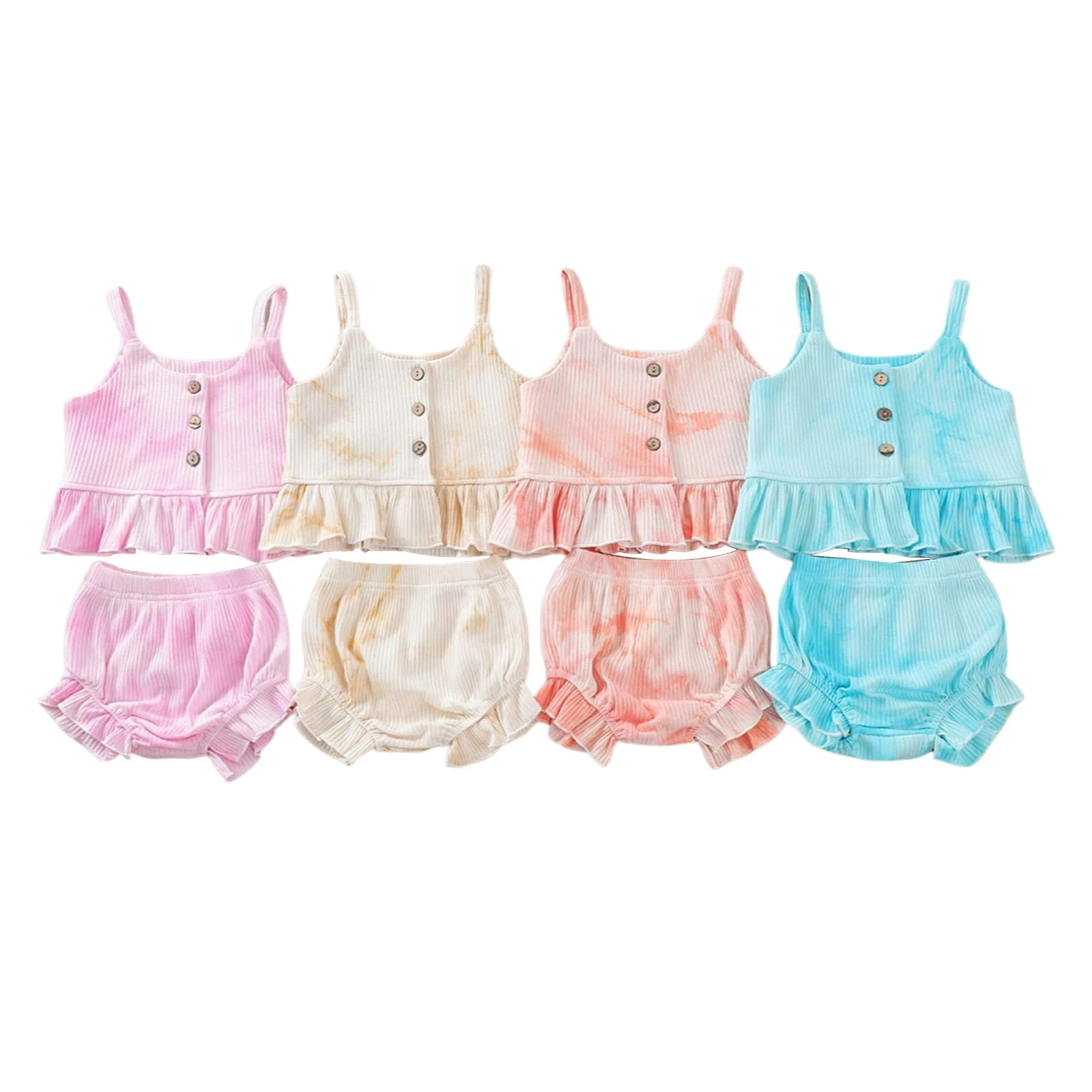 

1-6Y Summer Lovely Kids Girls Clothes Sets Tie-Dye Printed Single Breasted Sleeveless Vest Tops Shorts 4 Color