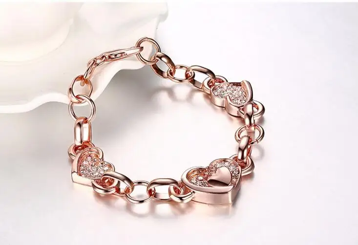 

YKD20 Pure Silver 925 Rose Zircon Bracelet Three Women's Heart Bracelets