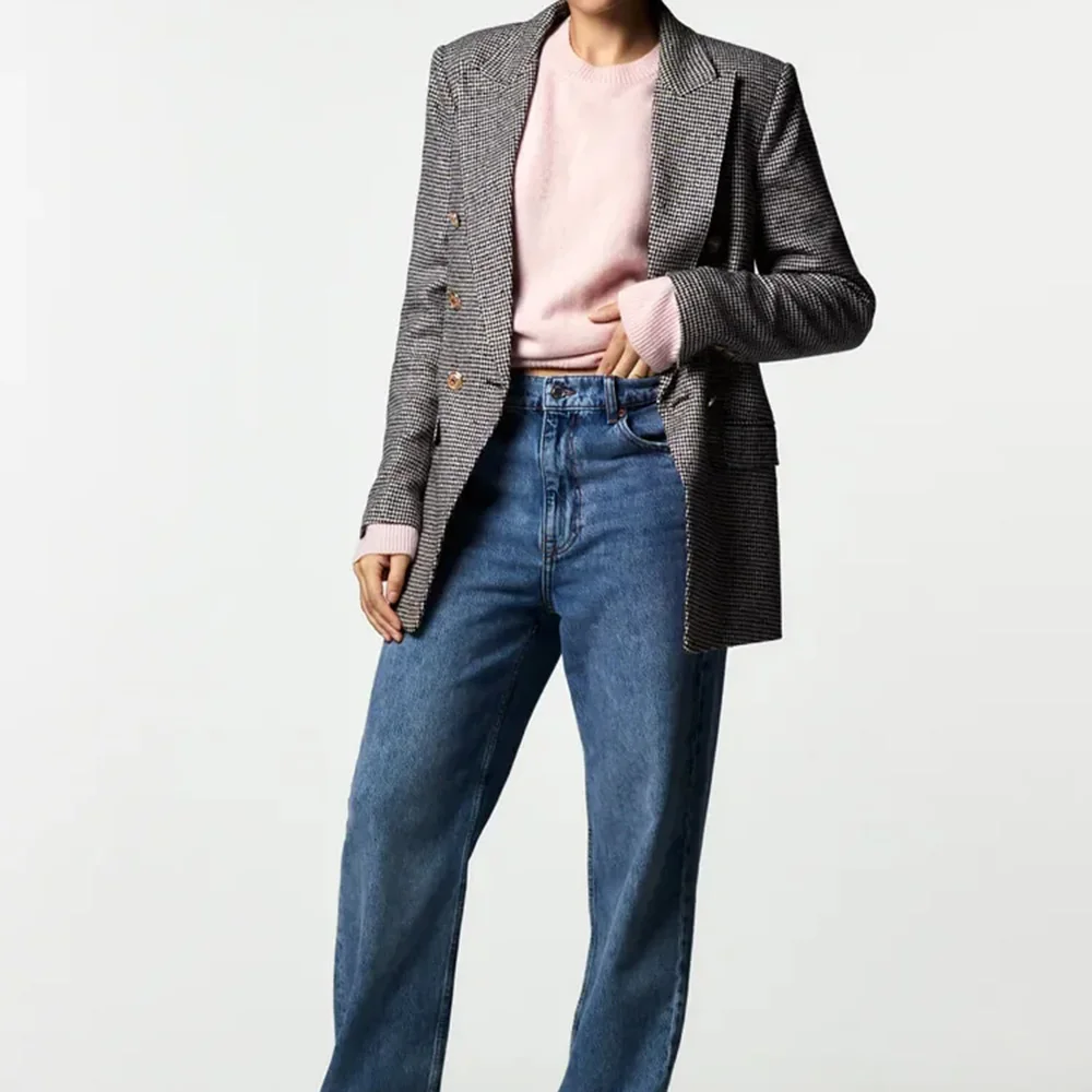 

XIKOM 2021 Autumn Houndstooth Cardigan Tweed Jacket Pockets Long Sleeve Blazer Women Office Lady Slim Female Blazer Top