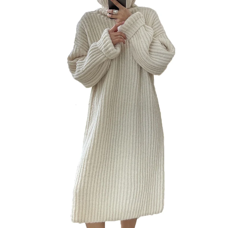 

Winter 2021 Clothes Casual Turtleneck Knitted Sweaters Female Long Sleeve Loose Dress Women