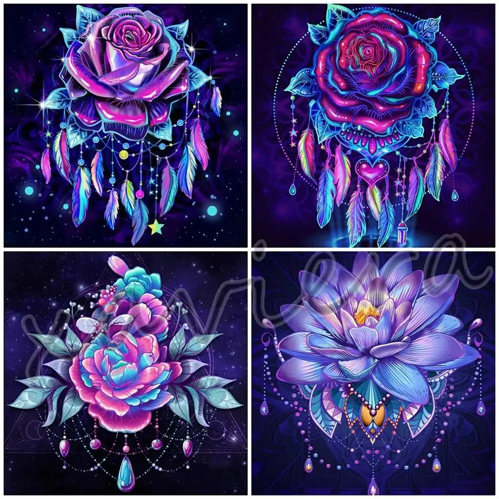 

5D Diy Diamond Painting Rose Feather Full Drill Embroidery Flower Dream Catcher Rhinestone Cross Stitch Fantasy Crystal Artwork