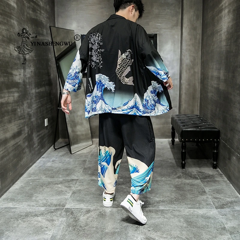 

Japanese Kimono Traditional Casual Loose Thin a Set of Coat and Pants Asian Clothes Harakuju Vintage Print Kimono Cardigan Men