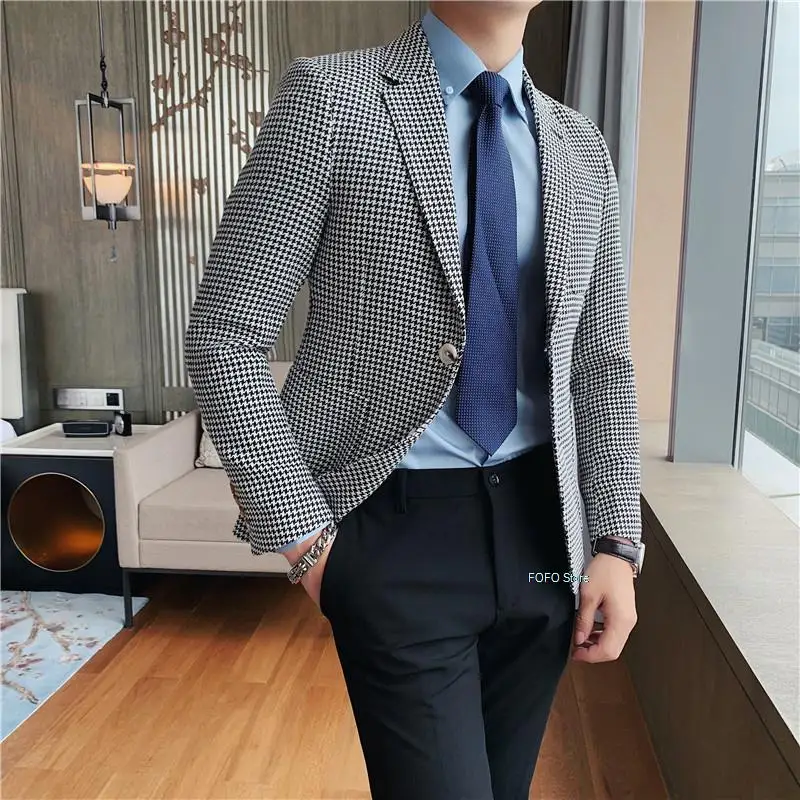 

2021 Men's Business Plaid Suit/Male Slim Fit Fashion Leisure Blazers/Man High-grade Pure Cotton Spring Leisure Coat Size M-2XL