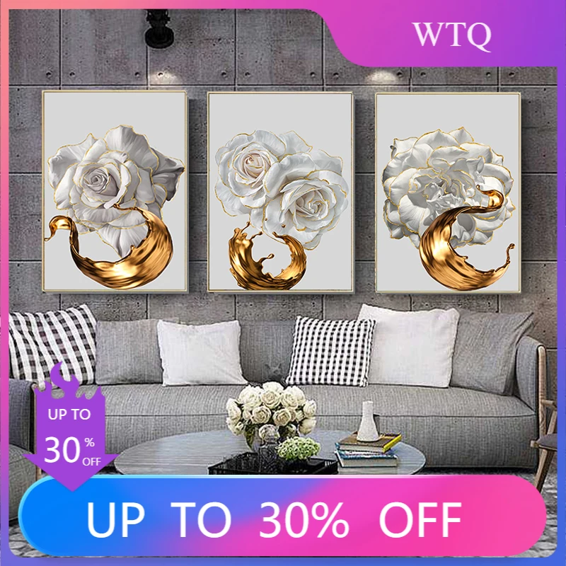 

Nordic Golden Ink Poster White Rose Flowers Wall Art Canvas Painting Picture HD Print Gift Bedroom Room Decoration Poster