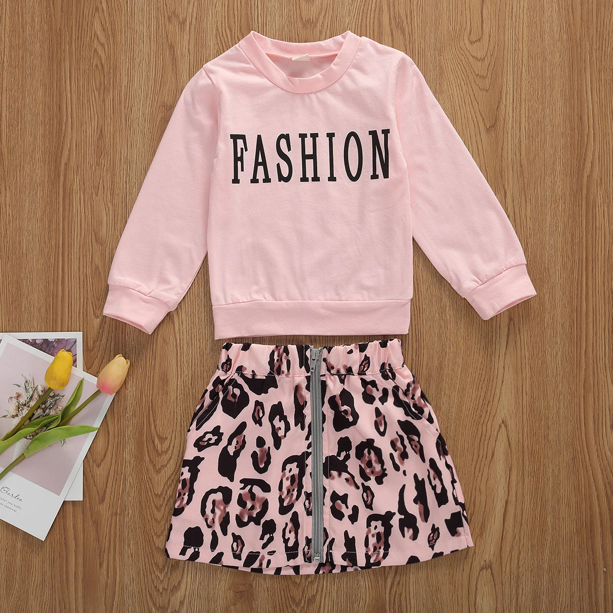 

2020 Autumn Newborn Baby Girls Clothing Set Children Long Sleeve Round Collar Top + Leopard Print Zipper A-line Mini Skirt 1-7T