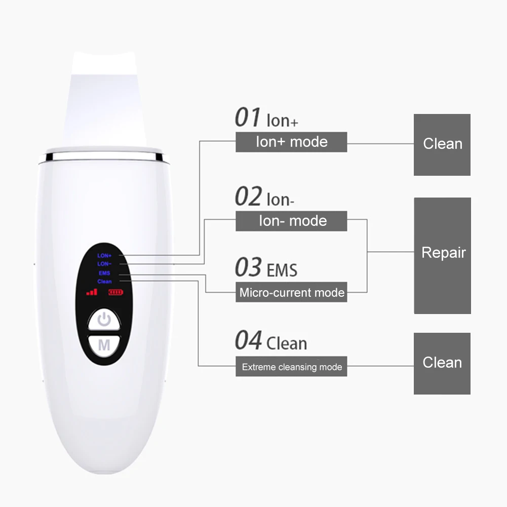 

Facial Skin Scrubber Cleaner Blackhead Remover Rechargeable Skin Spatula With 4 Modes Skin Scrubber USB Charging Cable Manual