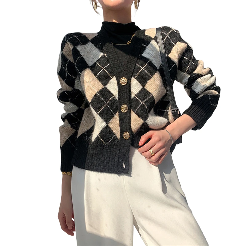 

Hirigin 2021 Women Knitted Cardigan Black Rhomboid Pattern Long Sleeve Buttons Open Front Coat for Autumn, S/ M/ L