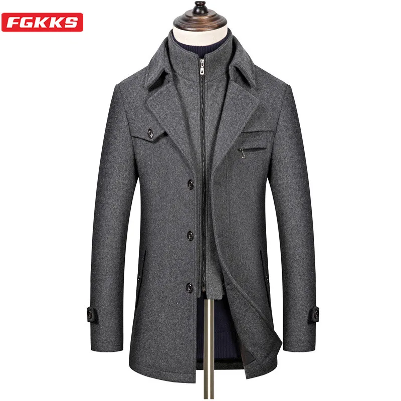Мужское шерстяное пальто FGKKS длинное однотонное в деловом стиле Повседневная
