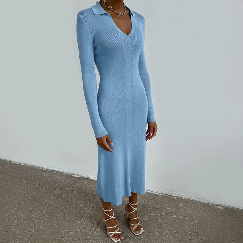 2021 Women's Autumn Pink Long Sleeve Dress QY21488KJ Sexy Lapel V Neckline Long Dress Women