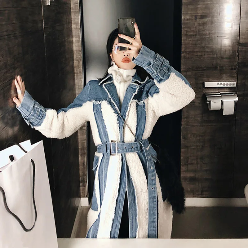 TWOTWINSTYLE Hit Color Patchwork Denim Tassel Trench Coats For Women Lapel Collar High Waist Sashes Windbreakers Autumn New