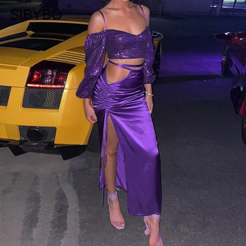 

Sibybo Y2K Cut Out Satin Silk Skirt Long Women Summer High Waist Drawstring Lace Up Maxi Skirts Elegant Femme Sexy Jupe 2021