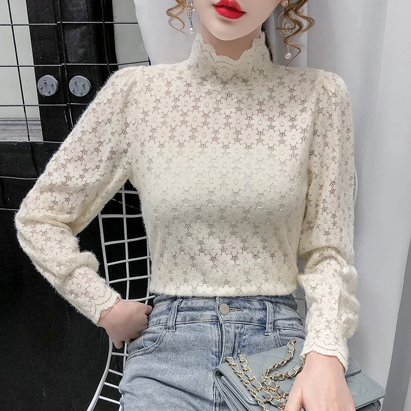 

New 2020 Autumn Women Lace Tops Fashion Casual Long Sleeve Turtleneck Women's Shirt Plus Size Hollow Out Lady Tops