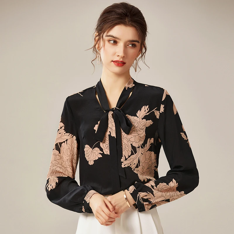 

Женская блузка с длинным рукавом, Элегантная черная офисная рубашка из натурального шелка с винтажным принтом, Весна-Осень 100%