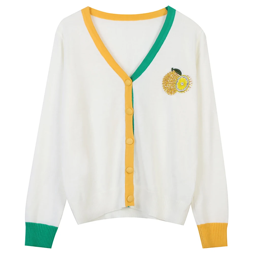 

2021 Autumn Winter New Women's V-Neck Long Sleeve Contrast Stripe Fruit Embroidery Loose Temperament Knitted Cardigan