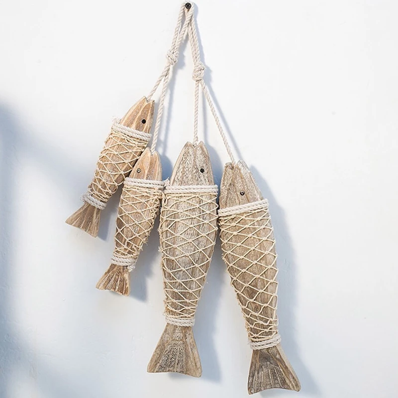 4 шт. винтажные резные деревянные рыбки с рыболовной сеткой декор ручной работы
